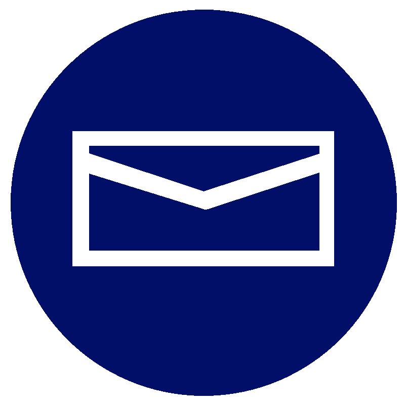 Click this button to redirect you to send an email to Oscar, using the email account your signed into, on this device. Image Description: envelope icon , outlined in white, inside a dark blue circle